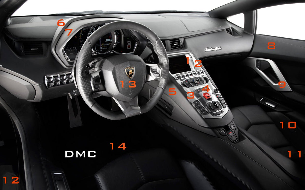 Kit autocollant intérieur en fibre de carbone DMC pour Lamborghini Aventador Coupé et Roadster d'origine : tableau de bord, console centrale, garnitures de portes et plus encore - KDMPARTS EUROPE TUNING STORE